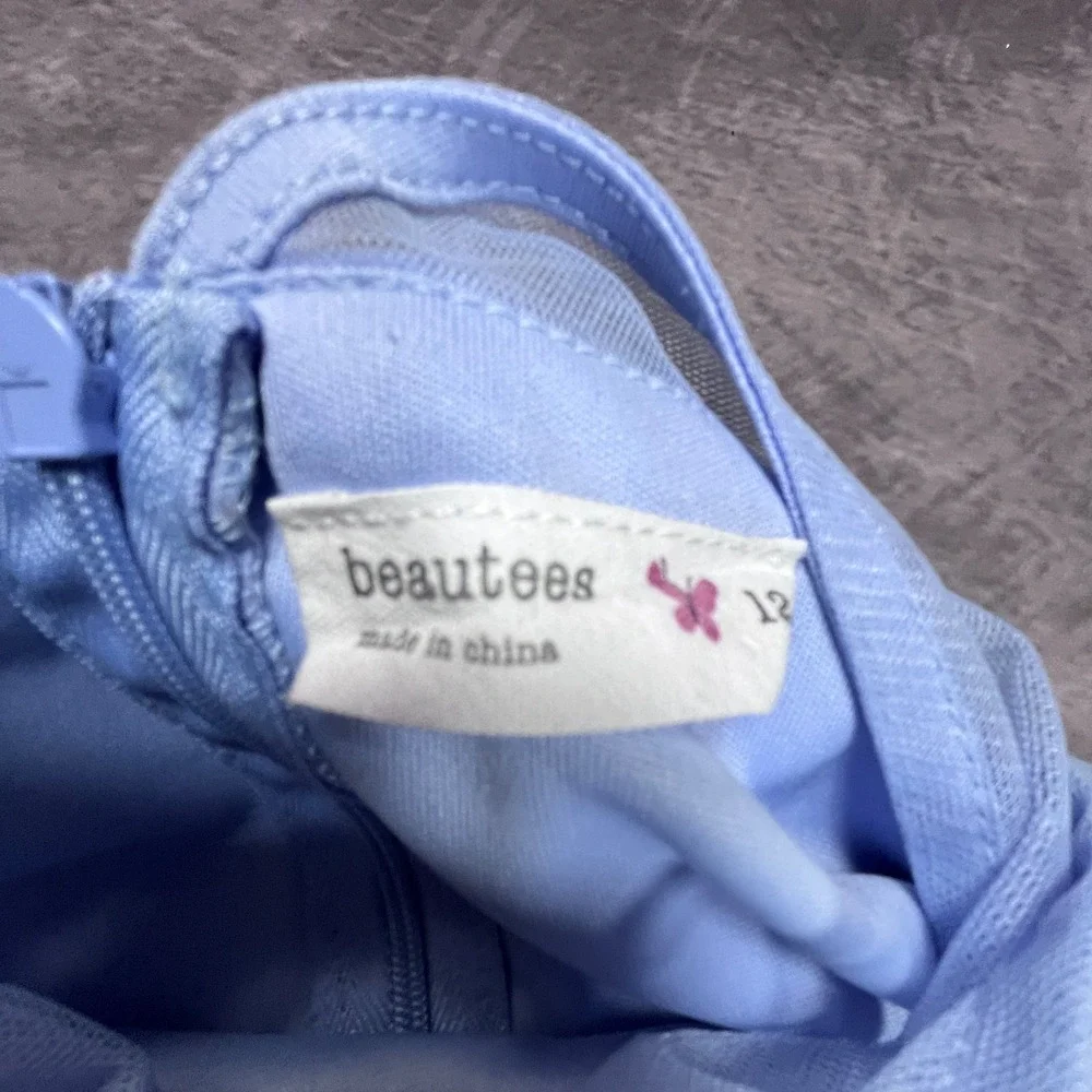 Beautees Tulle Dress Girls 12 Blue Rhinestones Periwinkle Sleeveless Back Zip